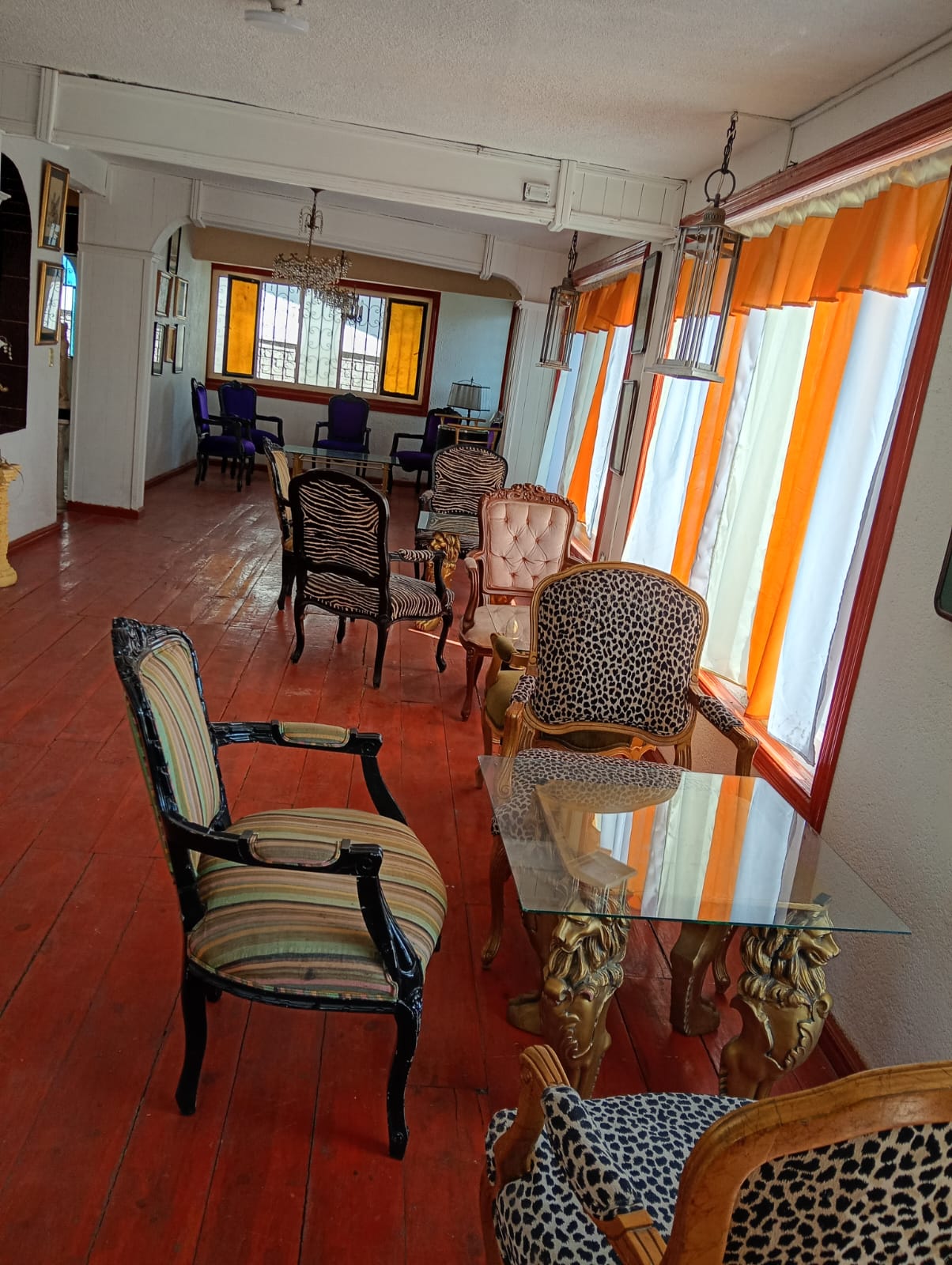 Interior clásico y elegante de la cafetería D'Leon con mesas de león dorado